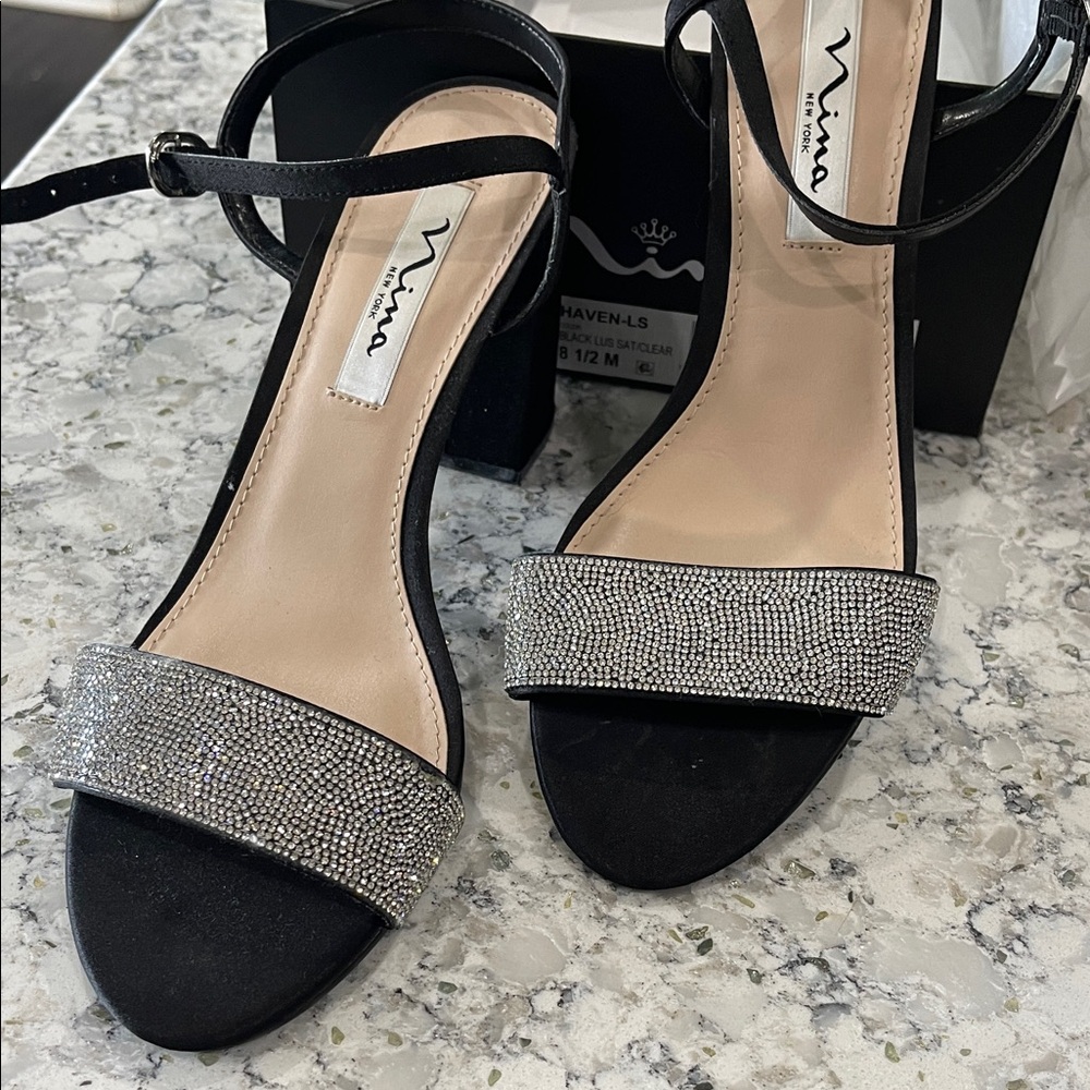 Nina Black Heels with Silver Crystal Toe Strap